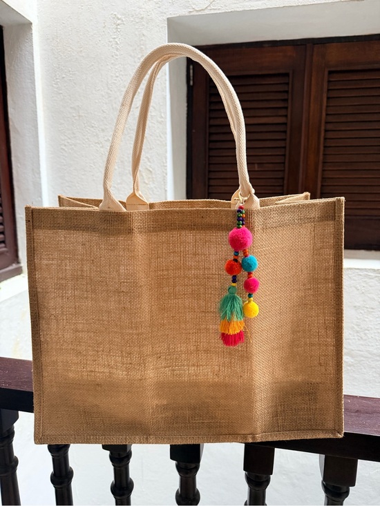 Handbags - Natural Jute Tote Bag with Colorful Pom Tassel